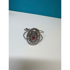 Cowgirl Confetti Southwestern Silver Tone Red Stone Oval Concho Cuff Bracelet
